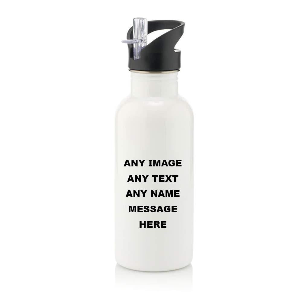Personalised with ANY NAME Stainless Steel 600ml Water Bottle with Straw Sport Drink Bottle Double-Walled Vacuum Reusable Flask Gym Bottle. (White)