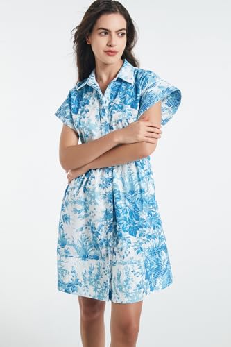 Image of D-Sun Women Button Down Shirt Dress V-Neck Floral Printed Short Sleeve Mini Dress Casual Belted Short Party with Pocket