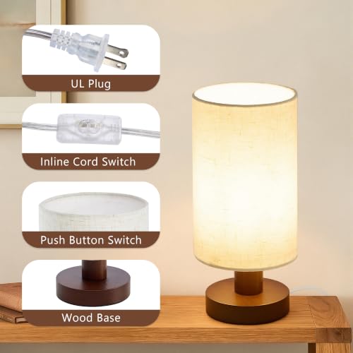 Image of Bedside Lamps Set of 2, Bamboo Small Table Lamp for Nightstand | 10'' Minimalist Nightstand Lamps for Bedroom, Modern Desk Lamp for Living Room, E26, Walunt, Linen Shade