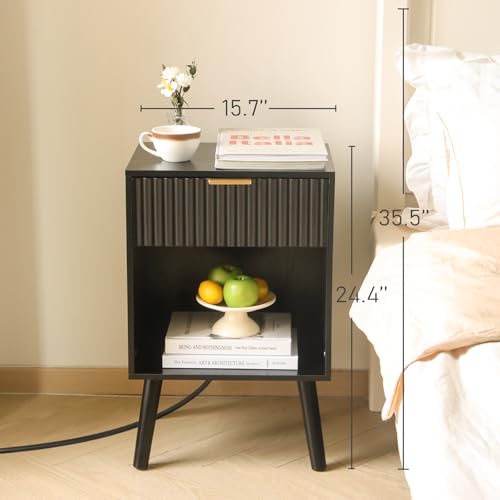 Image of Fultyle Fluted Black Nightstand with Charging Station, Mid Century Modern Bedside Table with Drawers and Outlet, Side Tables Living Room, Wooden Night Stand for Bedroom, Office (Black)