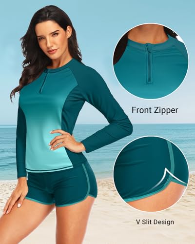 Women Long Sleeve Rash Guard - Two Piece Swimsuit with Shorts UPF 50+ Bathing Suit Built in Bra Surf Swim Shirt4