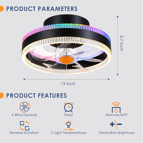 Image of Mpayel Flush Mount Ceiling Fans with Lights - RGB Low Profile Ceiling Fan,13 inch Small Dimmable LED Bladeless Ceiling Fans, Modern Enclosed LED-RGB Ambient Light for Bedroom, Kids Room, Party