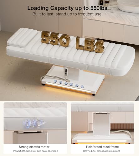Paddie Professional Fully Electric Spa Chair, 3 Motor Esthetician Bed with LED Light, Motorized Height & Angle Adjustable for Facial & Medical, 550lbs Capacity, White