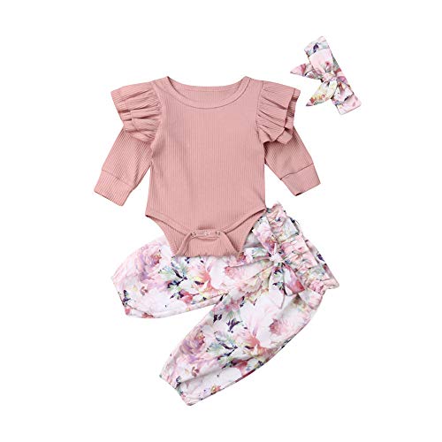Baby Girl Floral Pants Set Ruffle Romper Long Sleeve Bodysuit Top Floral Pants Headband Clothes Outfits Set