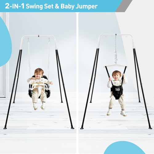 Image of FUNLIO 2 in 1 Swing Set for Toddler & Baby Jumper, Heavy Duty Kids Swing & Bouncer with 4 Sandbags, Foldable Metal Stand for Indoor /Outdoor Play, Easy to Assemble and Store - Black