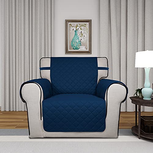 Image of PureFit Reversible Quilted Sofa Cover, Water Resistant Slipcover Furniture Protector, Washable Couch Cover with Non Slip and Elastic Straps for Kids, Pets (Chair, Navy /Navy)
