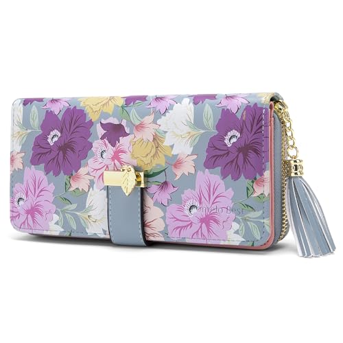 RFID Wallets for Women with Multiple Card Slots and Cellphone Compartment, Womens Wallet (Blue Hand Painted Flower)