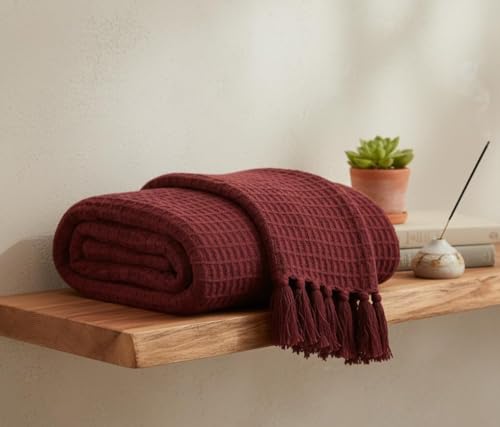 Image of 100% Cotton Waffle Weave Sofa Throw Blanket 50x60 Inches or 125x150 cms Lightweight, Soft & Breathable Couch, Bed or Chair Throw Blanket for Living or Bedroom, Cranberry