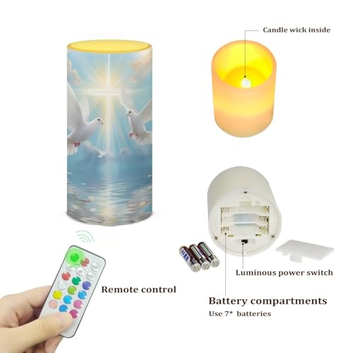 Image of Poceacles Dove of Peace Cross Print Blue Flameless Candle Electric LED Lights with Timer Remote Color Lights, 3 AAA Batteries Operated (Not Include) Tealight for Home Indoor Decor