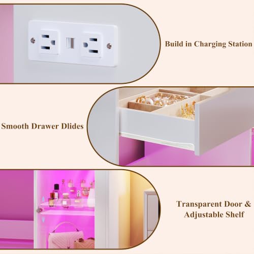 Image of HUAHUU Vanity Desk with Mirror & RGB Lights, White Makeup Vanity Table with 2 Transparent Top Large Drawers & RGB Cabinet, Vanity Desk with LED Lighted Mirror 3 Colors, Power Outlets, Flip-up Drawer