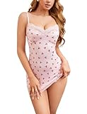 TrueVip Sexy Lingerie Set for Women Satin Cherry Print Nightgown Teddy Babydoll V Neck Chemise Set with G-String Club Outfits (Pink, XS)