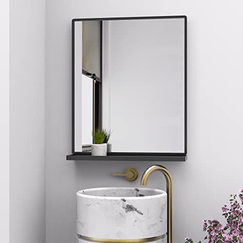 Wonstart Bathroom Mirror With Shelf, Black Rectangle Wall Mirror Metal Frame, Hanging Horizontal Or Vertical (24'' X 20'') #TOP11