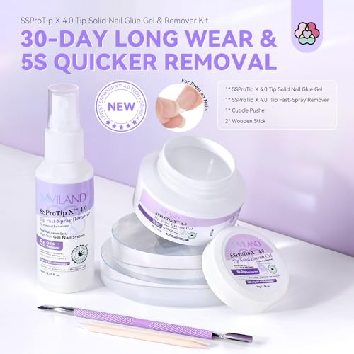 SAVILAND Nail Glue Gel & Nail Glue Remover: Quick Press on Nail Remover 30 g U V Nail Glue Solid Hard Gel for Nails with Cuticle Pusher and Manicure Tools Long Lasting Castor Oil VE Supplies Tech