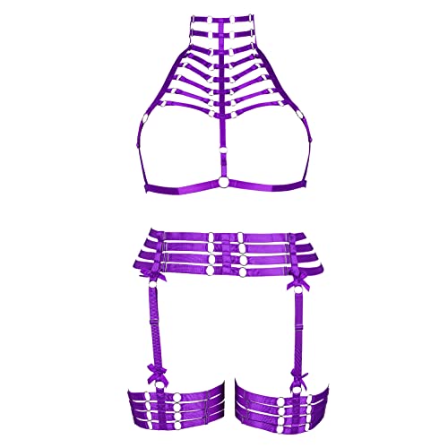 Plus Size Women Punk Body Harness Full Cage Lingerie Set Bra Waist Belt Hollow Out Fashion Clothing Accessories (Púrpura) Cover