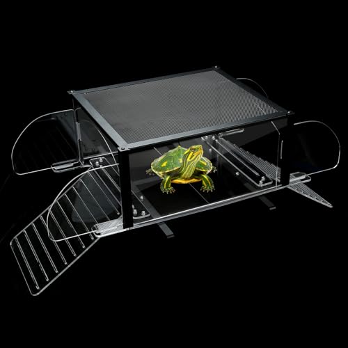 Upgraded Dual Ramp Turtle Basking Platform, Extra Large Fits 125 Gallon 150 Gallon Aquarium Tank, Aquatic Turtles Topper Dock, Turtle Tank Accessories, Non-Slip Ramp & Escape-Proof