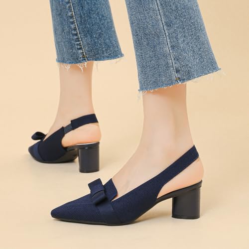 Women's Knitted Bow Slingback Chunky Heel Pumps Closed Pointed Toe Slip On Low Block Heels Daily Work Office Dress Shoes4