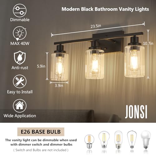 Image of Jonsi 3 Light Modern Black Bathroom Vanity Lights with Fluted Glass Shade, Modern Black Bathroom Lights Over Mirror