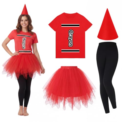 Mepase 4 Pcs Crayon Costume Set Crayon T Shirt Tutu Skirt Gnome Cone Hat Leggings for Women Group Team Outfit(Red M)