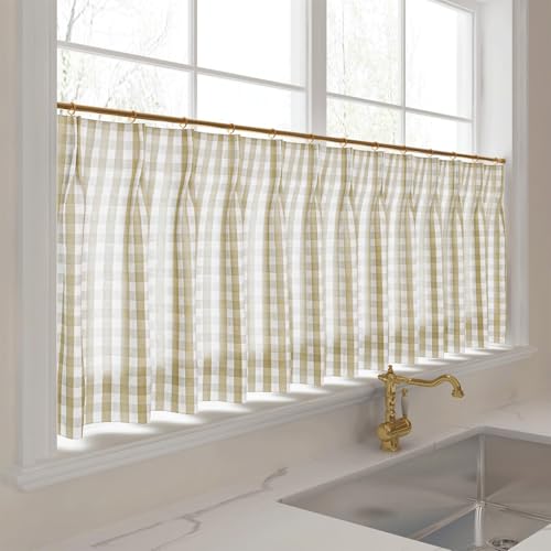 Image of TWOPAGES Pinch Pleat Cafe Curtains 36 Inch Long Buffalo Plaid Light Filtering Farmhouse Half Window Curtains for Small Window (Khaki Small Plaid, 26W x 36L Inches, Set of 2)