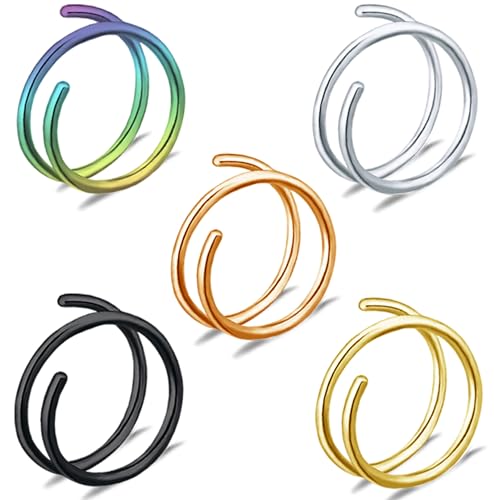 Double Nose Ring 20G for Single Piercing Hoop Nose Ring Right Left Surgical Steel Spiral Nose Ring for Women Men (20g 5 pcs Left)