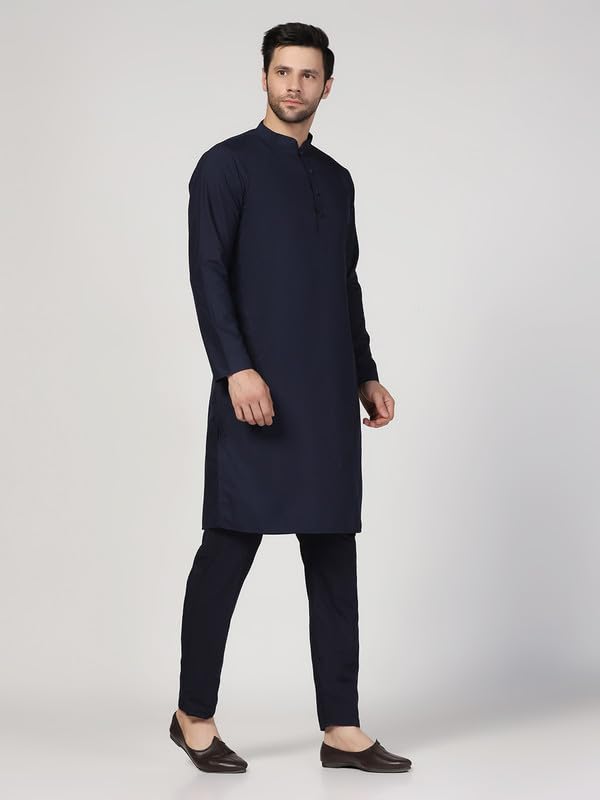 Kisah Men's Kurta Trouser Set, Navy Blue Cotton Blend, Solid Regular Fit Mandarin Collar Long Sleeves (40)