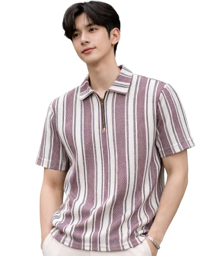 Image of London Hills Men's Loose Fit Half Sleeve Vertical Striped Polo T-Shirt with Zip Collar | Premium Polyester Fabric | T Shirt for Man | Tshirt | Shirts Men | Tshirt for Man | Men T-Shirts
