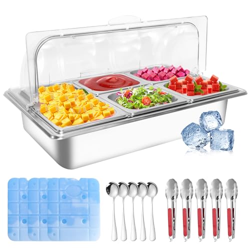 Countertop Ice Food Serving Display Tray with 5 Pan Salad Bar Buffet Station for Home Cold Food Buffet Server Pizza Topping Station Cold Buffet Table Serving Station for Party