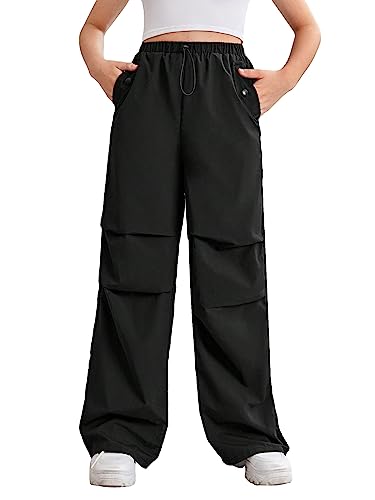 Image of WDIRARA Girl's Drawstring Waist Wide Leg Trousers Casual Pants with Slant Pocket Black 10-11Y