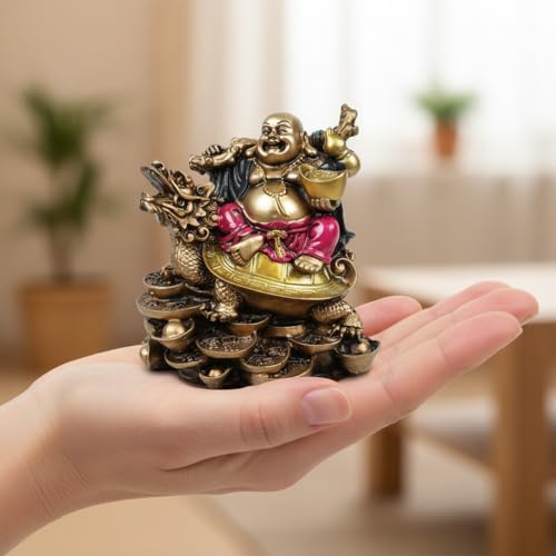 Image of HindCraft Laughing Buddha on Dragon Tortoise Showpiece for Home Decor | Feng Shui Buddha Statue for Wealth, Success, Protection & Good Luck Gift