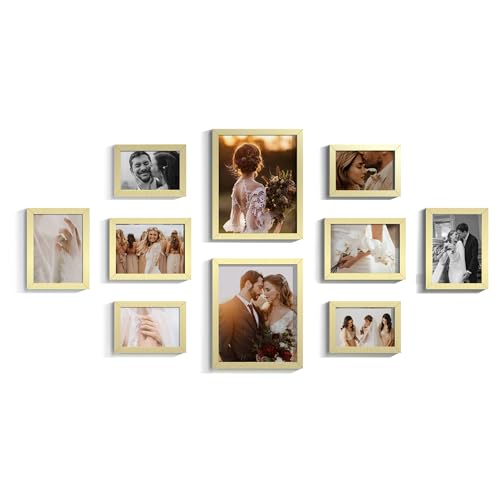 SONGMICS Marcos de fotos, Juego de 10, Dos de 20 x 25 cm, Cuatro de 13 x 18 cm, Cuatro de 10 x 15 cm, PS y MDF, Protección de Plástico, Dorado Pálido RPF310A01