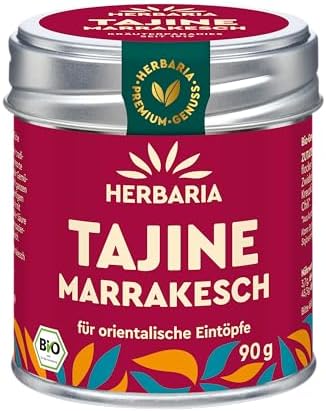 HERBARIA TAJINE MARRAKESCH, Bio Tajine-Gewürz, 90g | Orientalische Bio Gewürzmischung, würzig-fruchtig, für marokkanische Tajine, Eintöpfe, Reis & Linsen, in der Weißblechdose