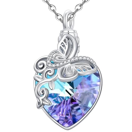 Collier urne papillon souvenir pour les cendres de maman, cœur et cristal