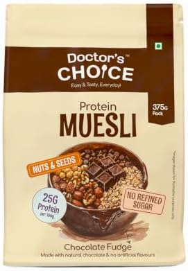DC DOCTORS CHOICE High Protein Multigrain Muesli - 22 G Protein,No Maida,No Palm Oil,Jaggery Sweetened Fiber-Rich,Preservative-Free,Healthy Crunchy Treat(375 G,Dark Choco Berry Muesli)