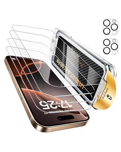 UNBREAKcable for iPhone 16 Pro Max Screen Protector 4+2 Pack [9H+ Military-Grade Shatterproof] [Effortless Bubble-Free Installation] Ultra HD Clarity Tempered Glass with Lens Protector Case friendly
