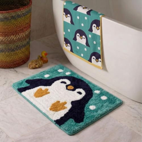 Image of Dream Weaverz 2000 GSM Soft Microfiber Bath Mat - Quick Dry Anti-Skid Water Absorbent Floor Rug, Machine Washable Non Slip Door Mat for Bathroom & Bedroom (40 x 60 cm) (Penguin)