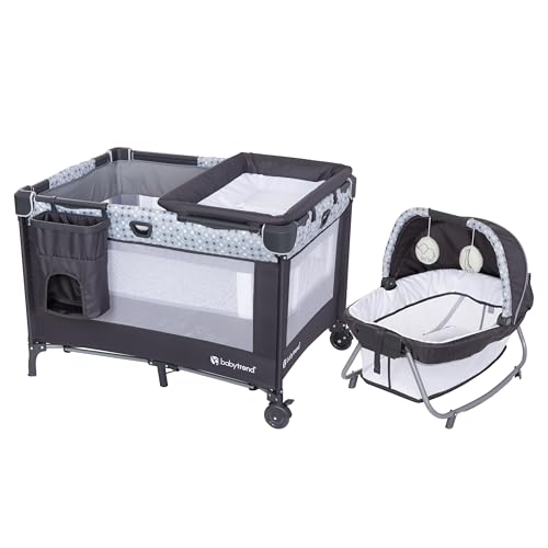 Image of Baby Trend Nursery Den Playard with with Rocking Cradle, Snooze Pod, Flip Over Changer, Pebble Stone Grey