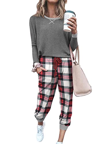 Ekouaer Pajamas For Women Long Sleeve Crew Neck Christmas Comfy Pjs Lounge Sets With Pockets Grey Plaid,X-Large #TOP1