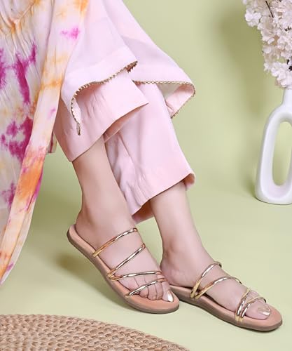 Image of JM LOOKS Women Minimalist Multi Strap Flat Sandals Daily Wear Comfort Open Toe Slip On Slides
