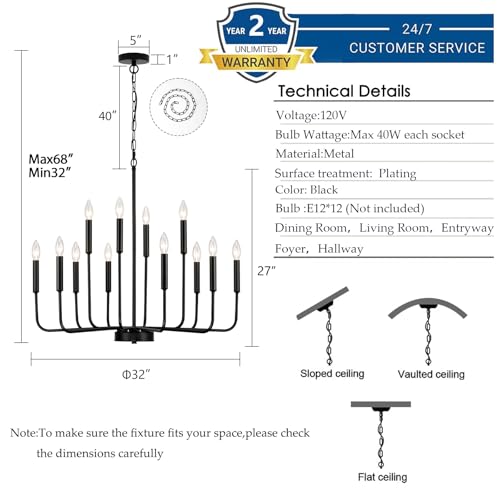 Gifarich Black Chandeliers for Dining Room Light Fixture Over Table, Modern Farmhouse Chandeliers for Living Room,12-Lights Industrial Metal Candle Lighting Fixtures for Entryway Kitchen Island Foyer