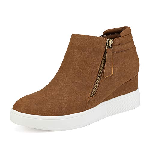 DREAM PAIRS Women's Wedge Heel Ankle Boots, Designed for Comfort, Zippers for Easy Wear, Reliable Grip, 2.35-Inch Elevation, Casual Style, Size 7.5,Tan,WEDGE-SNKR-2