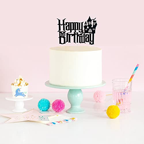 Tztwodcaz Halloween Happy Birthday Cake Topper, Bats And Ghost And Haunted House Birthday Cake Topper, Cartoon Kids Birthday Party Cake Derocation (Black) #TOP2