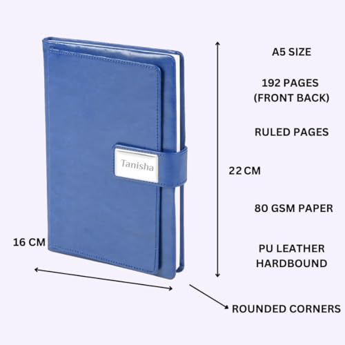 Image of Giftana Personalized Diary with Name, Customized Leather Notebook Diary with Magnetic Flip Lock, A5 Size, 192 Ruled Pages Office Diaries for Writing, New Year Corporate Gifts for Employee (Blue 4)