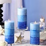 Blue Ocean Scented Pillar Candles, 2.8x6 Inch Non-Toxic Blue Pillar Candle 210H Long Burning Smokeless Fragrance Candle for Home Decor Wedding, 3 Pack