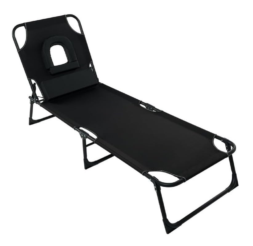 Kingtoss Sun Lounger for Garden, Foldable Reclining Sunbed Chair with Padded Face Hole, 4 Adjustable Positions, Folding Metal Frame, Extra Cushion, No Assembly Required - Black