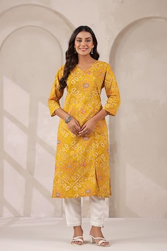 Image of Ichaa Women's Cotton Kurta | Printed Straight Kurta | V-Neck, 3 /4th Sleeve, Ethnic Wear