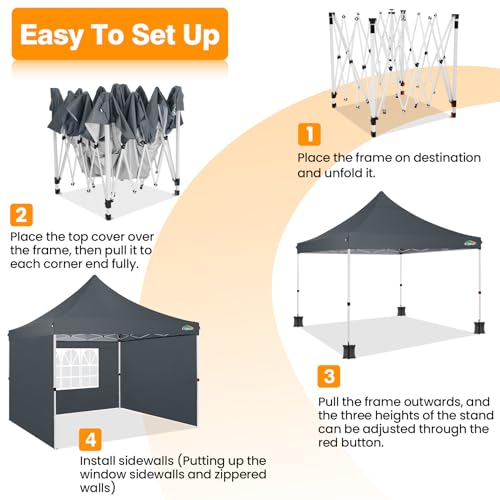 Image of COBIZI 10x10 Pop Up with 3 Sidewalls, Canopy Tent 10x10 for Parties, Backyard, Commercial, Waterproof and Portable Instant Shelter UV50+ Outdoor Canopy Gazebo with 4 Sandbags (Grey)