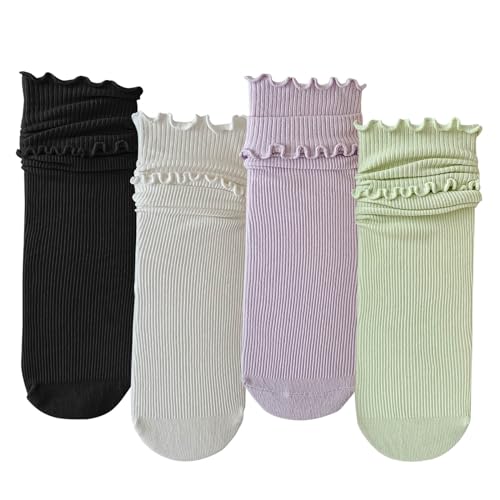 Image of zrylibya Women Cute Ruffle Frilly Socks Solid Candy Color Casual Rib Knit Crew Socks 4 Pairs (Black,White,Purple,Green)