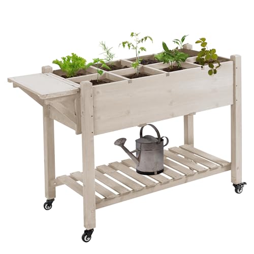 Outsunny Jardinière sur Pied - Potager sur roulettes - étagère, Tablette Rabattable, Inserts d'irrigation, Feutre de Drainage Inclus - Bois Sapin...