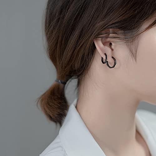 Deyanse Silver Hoop Earrings for Women, 925 Sterling Silver Hexagon Geometric Square Unisex Hoop Earrings, 16mm Silver/Black Hypoallergenic Small Cartilage Sleepers Huggie Hinged Cuff Earrings