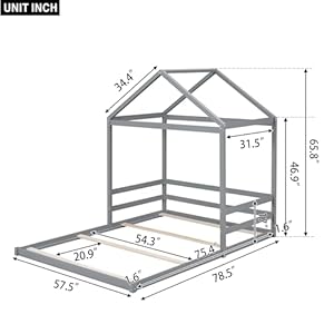 Full Size Wood House Bed with GuardrailHouse Shaped Floor BedWooden Bedframe with Roof for Kids Teens Boys or GirlsNo Box Spring RequiredEasy to AssembleGrey